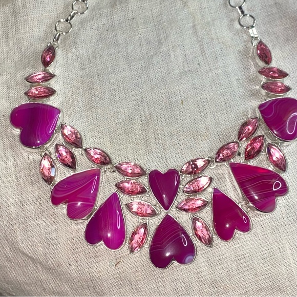 Sweet heart Botswana Agate + Pink Topaz exotic gemstone double tiered necklace - Picture 3 of 13